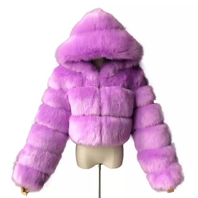 Chic Faux Fur Hooded Short Coat