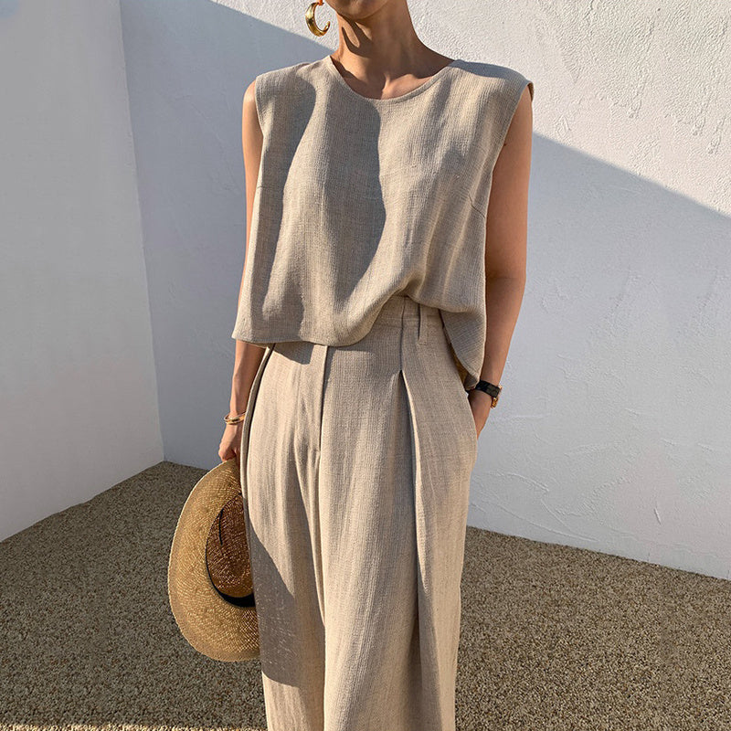 Niche Round Neck Loose-fitting Sleeveless Shirt Top High Waist Mop Wide Leg Pants Trousers Suit