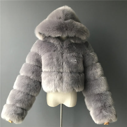 Chic Faux Fur Hooded Short Coat