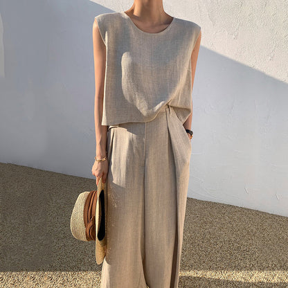 Niche Round Neck Loose-fitting Sleeveless Shirt Top High Waist Mop Wide Leg Pants Trousers Suit