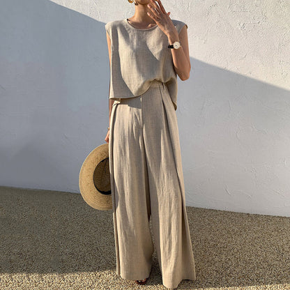 Niche Round Neck Loose-fitting Sleeveless Shirt Top High Waist Mop Wide Leg Pants Trousers Suit