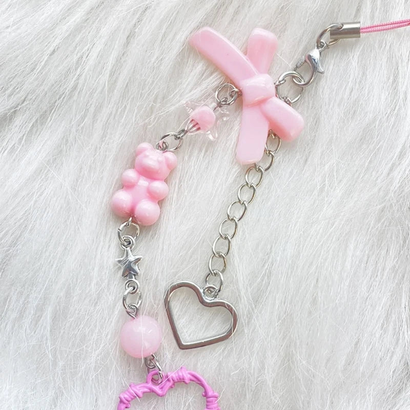 Phone Charm Strap Y2K Keychain Kawaii-Cute Pendant Jewelry Keyring Lanyard String Black Cross-Bow Beaded Chain for Women Girl