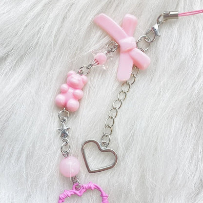 Phone Charm Strap Y2K Keychain Kawaii-Cute Pendant Jewelry Keyring Lanyard String Black Cross-Bow Beaded Chain for Women Girl