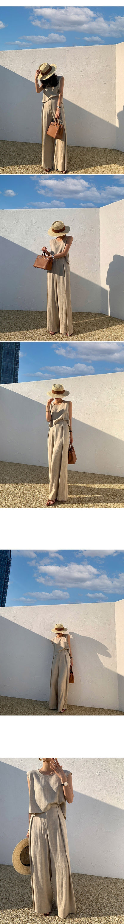 Niche Round Neck Loose-fitting Sleeveless Shirt Top High Waist Mop Wide Leg Pants Trousers Suit