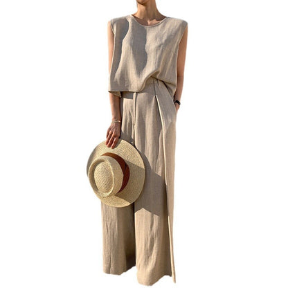 Niche Round Neck Loose-fitting Sleeveless Shirt Top High Waist Mop Wide Leg Pants Trousers Suit