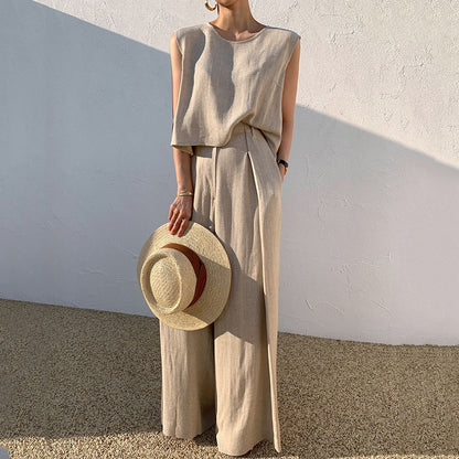 Niche Round Neck Loose-fitting Sleeveless Shirt Top High Waist Mop Wide Leg Pants Trousers Suit